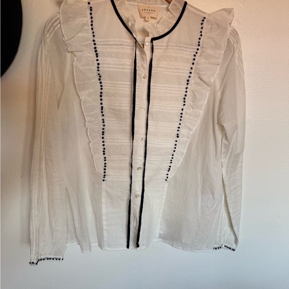 Sezane White Ruffled Button-Up Top